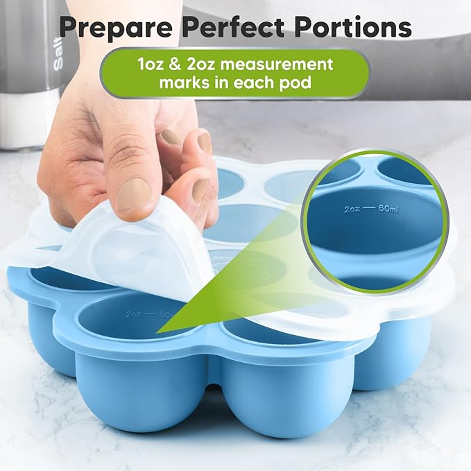 KeaBabies Silicone Food Freezer Trays with Lid, 2oz x 10 Pods Baby Food Storage Containers, Easy Puree Meal Prep, Breast Milk Silicone Freezer Molds, Dishwasher, Microwave Safe, BPA-Free (Misty Blue)-CubbioJoy