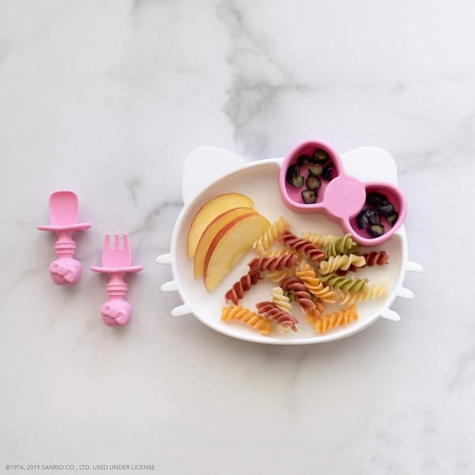Bumkins Baby Utensils Set, Chewtensils Silicone Spoons for Dipping, Self-Feeding, Baby Led Weaning, Trainer Learning, First Stage Eating, Soft Practice Fork and Spoon, 6 Months, Hello Kitty Pink-CubbioJoy