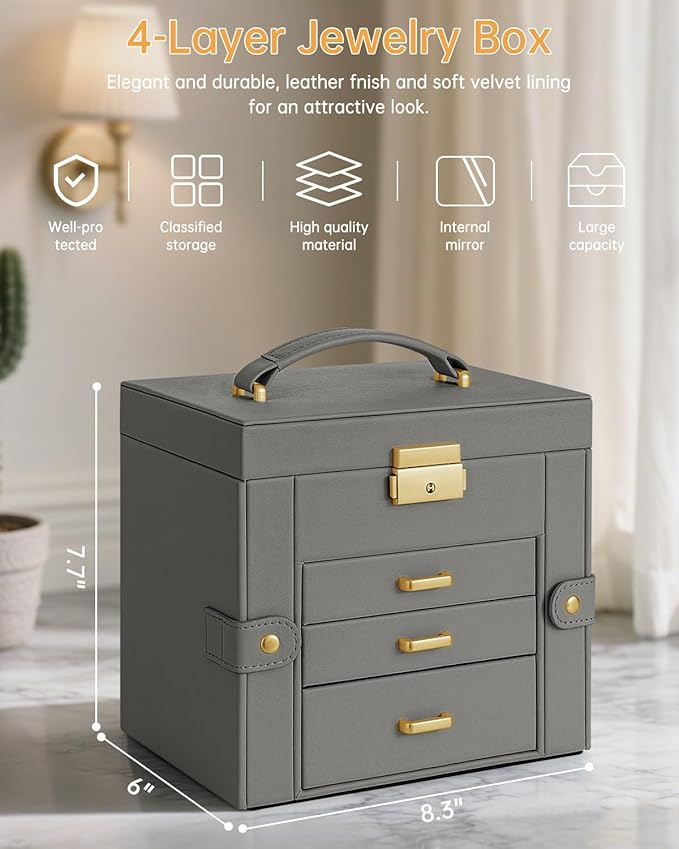 AKOZLIN 4-Tier Jewelry Box Leather Jewelry Storage Organizer with 3 Drawers Lockable for Women Girls Ring Necklace Earring Bracelet Holder with Mirror Dark Grey-CubbioJoy