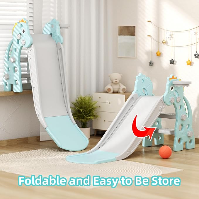 67i Toddler Slide for Indoor & Outdoor Play with Basketball Hoop, Anti-Slip Steps, 46.8in Baby Climber (Green)-CubbioJoy