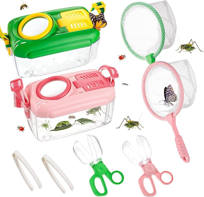 2Sets Bug Catcher for Kids - Sturdy Kids Bug Catching Kit Gifts with Collector Butterfly Net Tweezer, Bugs Habitat Outdoor Explorer Kit for Age 3 4 5 6 7 8, 8Pcs, Green & Pink-CubbioJoy