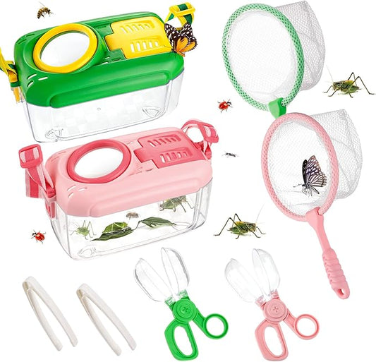 2Sets Bug Catcher for Kids - Sturdy Kids Bug Catching Kit Gifts with Collector Butterfly Net Tweezer, Bugs Habitat Outdoor Explorer Kit for Age 3 4 5 6 7 8, 8Pcs, Green & Pink-CubbioJoy