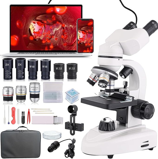 Binocular Compound Microscope 40X-2000X, Research Grade Professional Microscope with Dual Mechanical Stages and Coaxial Coarse/Fine Focus Knobs, Built-in Electronic Eyepieces, Adult Microscope-CubbioJoy