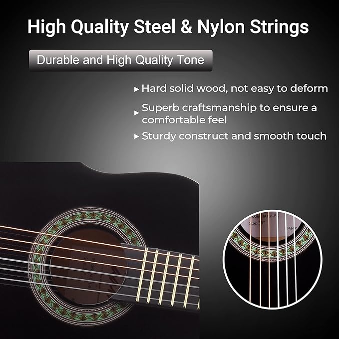 ADM Beginner Acoustic Classical Guitar 30 Inch Nylon Strings Wooden Guitar Bundle Kit for Kid Boy Girl Student Youth Guitarra Online Lessons with Gig Bag, Strap, Tuner, Extra Strings, Picks,Black 1-CubbioJoy