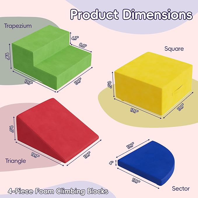 4 Piece Foam Climbing Blocks for Toddlers, Baby Climbing Gym with Ultra High Density Foam for Crawling and Sliding, Indoor Soft Play Set for Infant, Babies & Kids - Multicolor (Multicolor B, 4-Piece)-CubbioJoy