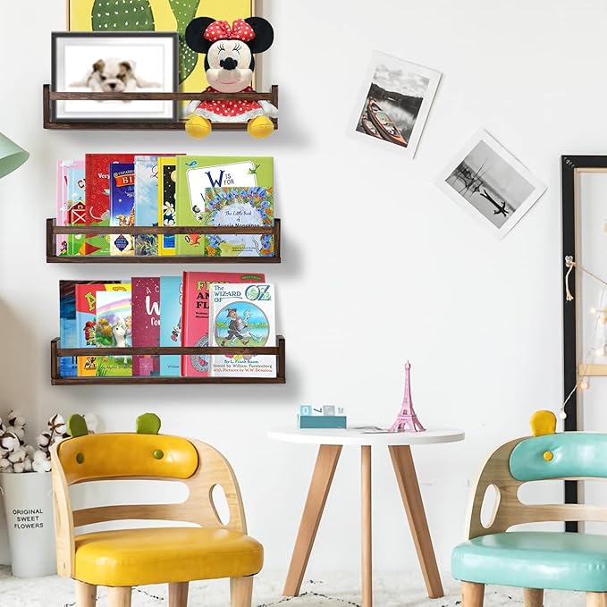 AZSKY Nursery Book Shelves 24 in Set of 3 Walnut Floating Bookshelf for Kids Room Wall Mounted Floating Shelves Solid Nursery Bookshelf Perfect Decor for Kitchen Bedroom Living Room-CubbioJoy