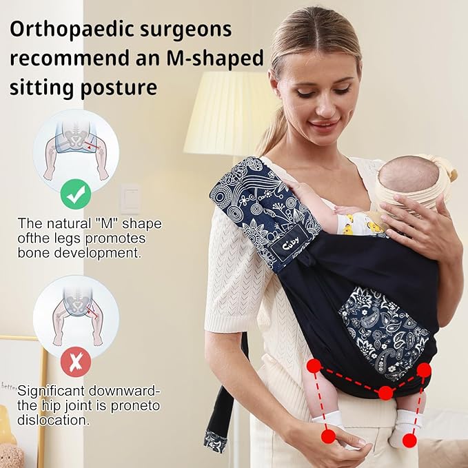 CUBY Wrap Baby Sling Carrier, Baby Wraps Sling Carrier Adjustable Breathable Lightweight Easy to Wearing - Baby Slings for Newborn Infant Toddler Front & Hip Carry Up to 40lbs (Dark Blue Floral)-CubbioJoy