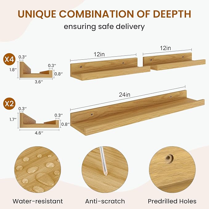 Axeman Picture Ledge Shelf, Floating Shelves for Wall Decor Storage Set of 6, 24 inch Floating Wall Mounted Shelves, Wall Shelves with Lip for Living Room, Bedroom, Nursery, Bathroom, Kitchen, Oak-CubbioJoy