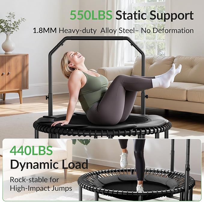 BCAN 40"/48" Mini Rebounder Trampoline for Adults with Bar, 450/550LBS Fitness Trampoline with Bungees, Adjustable Handle, Stable & Quiet, Indoor Outdoor, Whole-Body Workout & Relaxation at Home-CubbioJoy