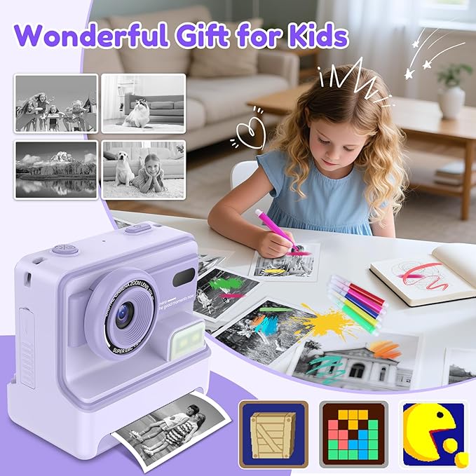Instant Camera, Instant Print Camera for Kids with 1080P Videos, Front Rear Dual Selfie, 3 Rolls Print Paper & 32GB SD Cards, Christmas Birthday Gifts for Girls Age 3-12-CubbioJoy