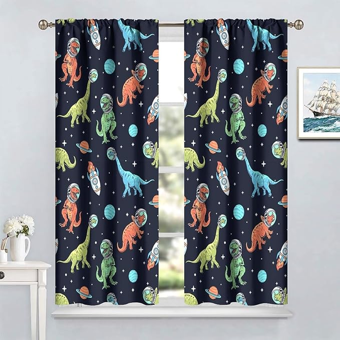 Cartoon Dinosaur Curtains for Kids Boys Girls Home Decor, Astronaut Rocket Funny Outer Space Blackout Rod Pocket Window Drapes for Bedroom Living Room W31.5xL72in 2 Panels-CubbioJoy