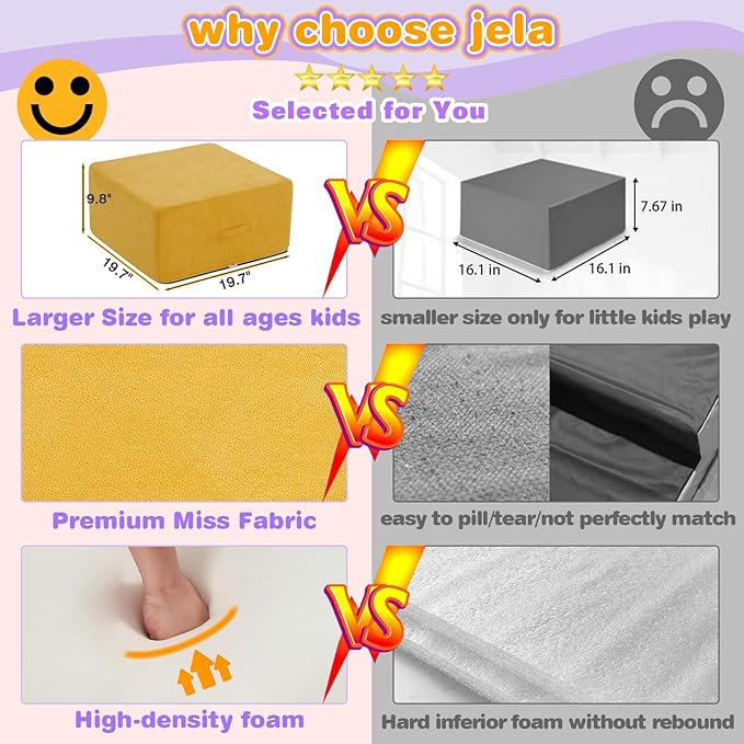 jela Foam Blocks 6Pcs Soft Play Equipment Luxury Miss Fabric, Toddler Climbing Toys Indoor Soft Play Climbing for Toddlers, Lightweight Climbing Blocks for Babies, Kids, Climb and Crawl Foam Playset-CubbioJoy