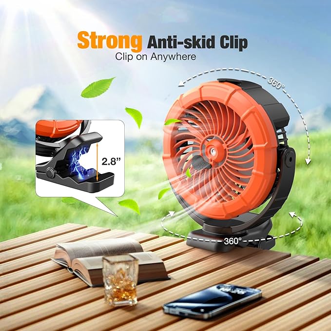 Ausic Portable Misting Clip on Fan, 100ml Camping Stroller Fan with LED, Max 45H Working Time Golf Cart Fans, 360° Rotate Cooling Spray, Outdoor Rechargeable Battery Fans for Travel/Home/Beach-CubbioJoy
