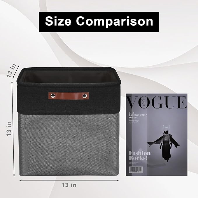 13x13 Cube Storage Bins, Collapsible Fabric Storage Box, 4 Pack Closet Baskets with Handles for Organizing, Shelf, Toys, Clothes, Home, Office, Nursery (Grey&Black)-CubbioJoy