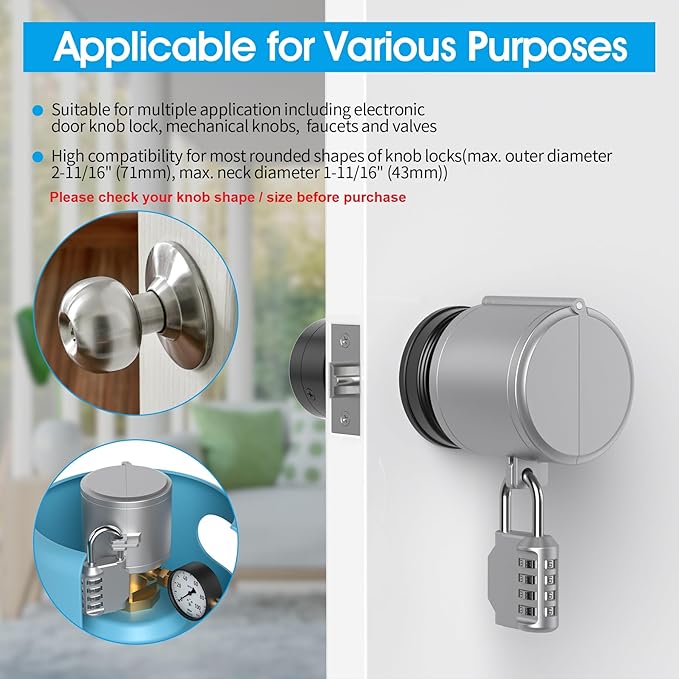 AST Door Knob Lockout Device with Passcode Padlock, Childproof Door Knob Cover, Lock Out to Smart Doorknob. Safety Cover for Faucet, Valve, Spigot. Prevent Access to Keyhole, Matte Silver-CubbioJoy