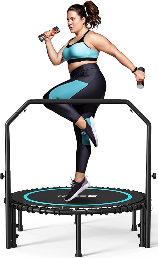 BCAN 40"/48" Mini Rebounder Trampoline for Adults with Bar, 450/550LBS Fitness Trampoline with Bungees, Adjustable Handle, Stable & Quiet, Indoor Outdoor, Whole-Body Workout & Relaxation at Home-CubbioJoy