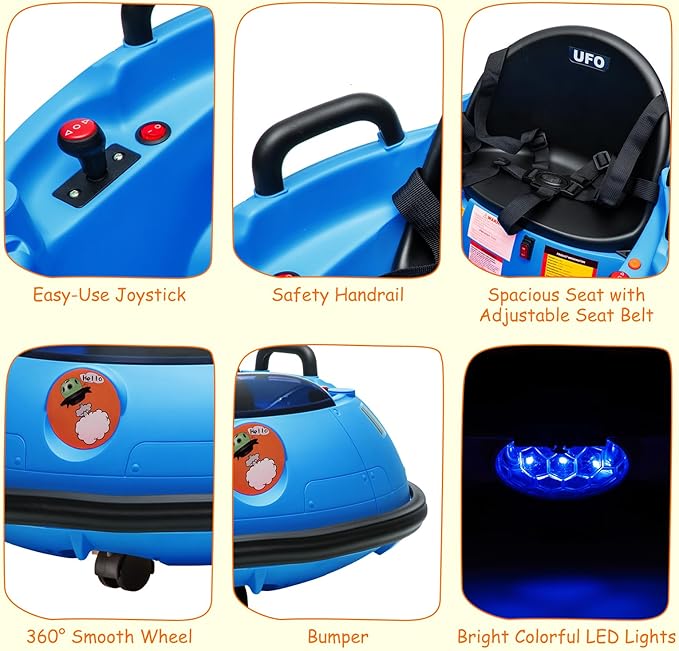 12V Electric Ride on Bumper Car for Toddlers, Kids Bumper Car with Remote Control, LED Lights & 360 Degree Spin, Indoor and Outdoor for 18+ Months Kids (Blue)-CubbioJoy