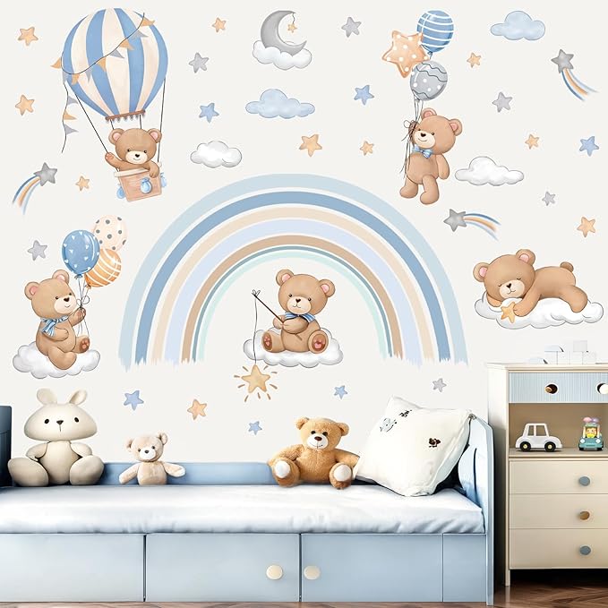decalmile Rainbow Animal Wall Decals Hot Air Balloon Animals Bear Clouds Wall Stickers Baby Nursery Kids Bedroom Living Room Wall Decor-CubbioJoy