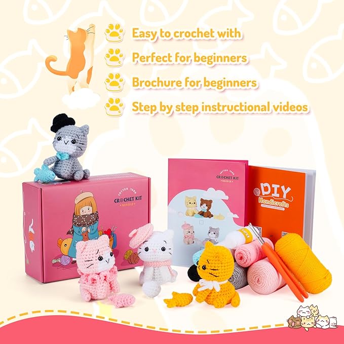 Crochet Kit for Beginners - Cat Crochet Kit with Step-by-Step Video Tutorials, Learn to Crochet Kits for Adults and Kids, 4 PCS Crochet Animals Cat with Hat, Toy, Fish Crocheting Set-CubbioJoy