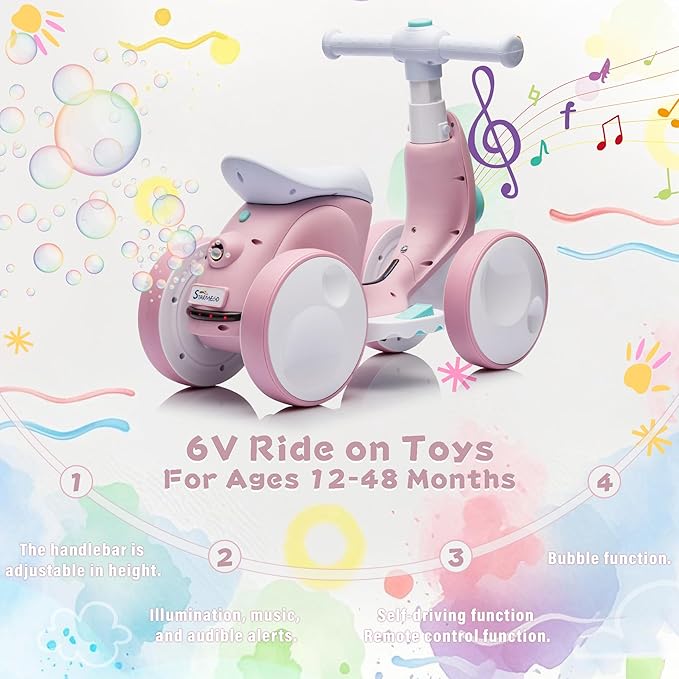 6V Electric Baby Balance Bike for 1 Year Old Boys Girls Ride on Toys 12-48 Months Toddler Balance Bike, 4 Wheels Kids First Bike with Remote Control First Birthday Gifts- Pink-CubbioJoy