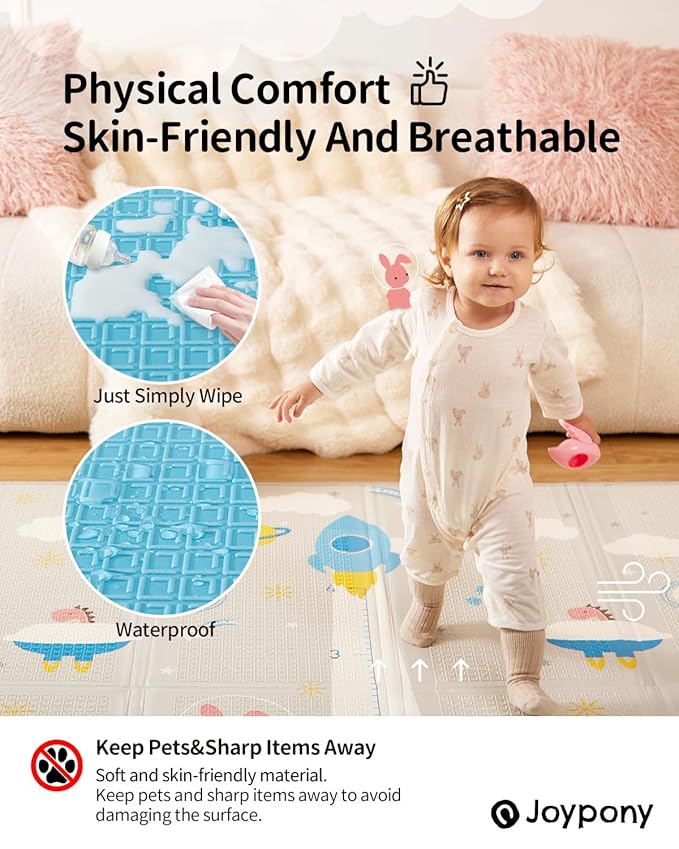 Baby Play Mat 79x71x0.6 inches, Fabric Cloth Surface Extra Large & Thick Foldable Play Mats for Baby Girls Boys, Waterproof & Anti-Slip Portable Baby Floor Mat for Tummy Time with Travel Bag-CubbioJoy