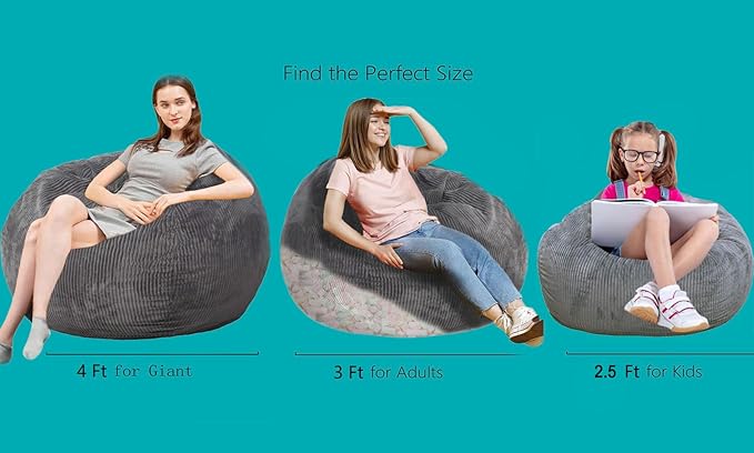 Bean Bag Chair with Faux Rabbit Fur Cover, 4 ft Giant Memory Foam Bean Bag Chairs for Adults/Teens with Filling,Ultra Soft Faux Fur Fabric, Round Fluffy Sofa-CubbioJoy