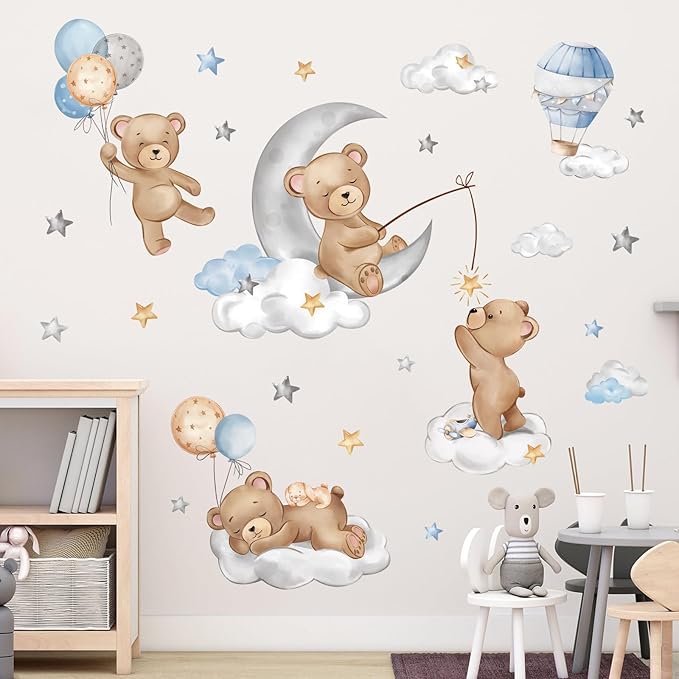 decalmile Bear Sleeping on The Moon Wall Decals Hot Air Balloon Animals Clouds Wall Stickers Baby Nursery Kids Bedroom Playroom Wall Decor-CubbioJoy