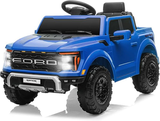 12V Ride on Car Licensed Ford F-150 Raptor, Kids Electric Car with Remote Control, LED Light/Music/MP3, Truck Bed Storage, 3-Point Seat Belt (12V, Blue)-CubbioJoy