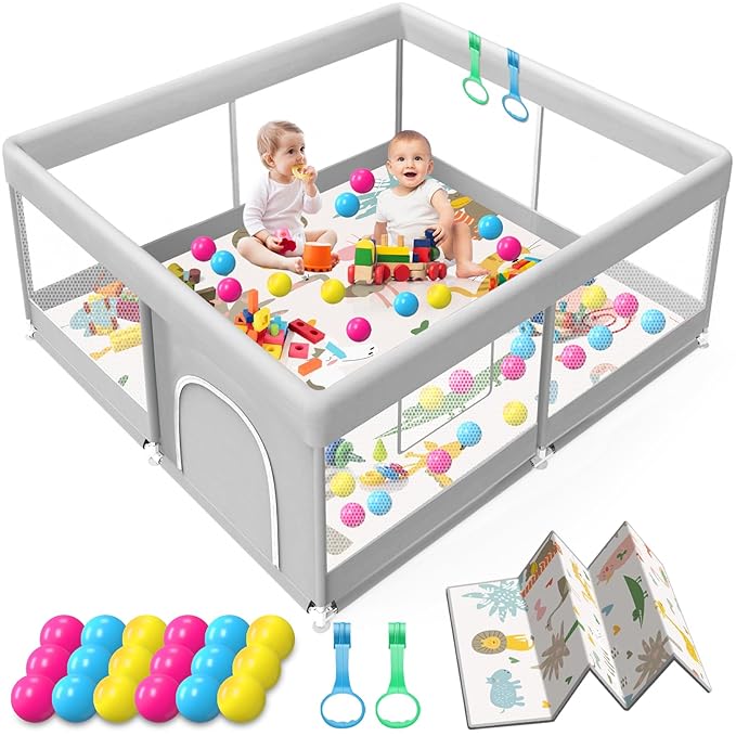 Baby Playpen with Mat, 50x50 Inch Playpen with Mat Waterproof for Babies and Toddlers Play Pen Playards Safety Gate Fence Active Center Indoor-CubbioJoy