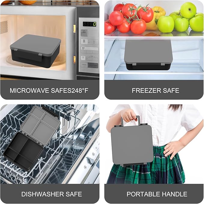 Bento Lunch Box with 8oz Soup Thermo, Kids Leakproof Lunch Food Containers with 4 Compartment, Kids Thermo Insulated Hot Food Jar for School, Trvael (Grey)-CubbioJoy