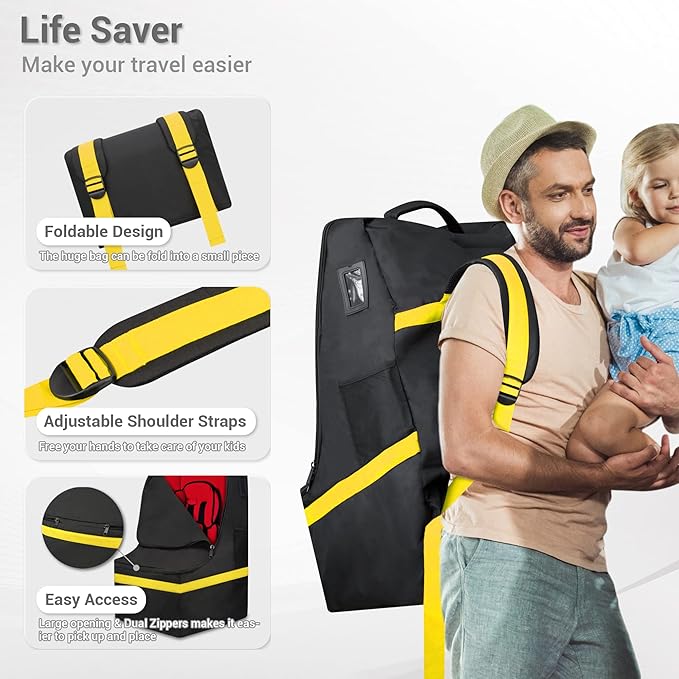 Car Seat Travel Bag - Padded, Comfortable, Durable, Roomy Gate Check Carseat Cover Backpack Fits 3-in-1，Convertible, Booster & Infant Car Seats for Airplane, Airport, Yellow-CubbioJoy