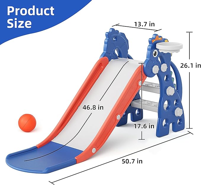 67i Toddler Slide for Indoor & Outdoor Play with Basketball Hoop, Anti-Slip Steps, 46.8in Baby Climber (Blue)-CubbioJoy