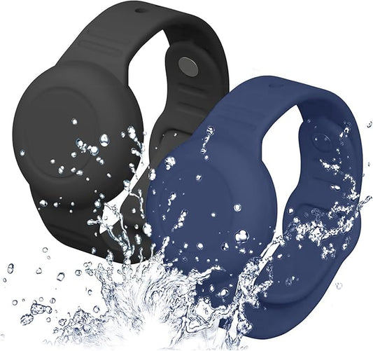2 Pack Waterproof Airtag Wristband Kids - Anti-Lost Silicone Airtag Holder Cases for Toddler - GPS Tracker Watch Band (Black+Blue)-CubbioJoy