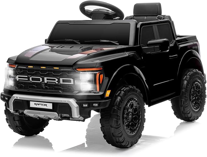 12V Ride on Car Licensed Ford F-150 Raptor, Kids Electric Car with Remote Control, LED Light/Music/MP3, Truck Bed Storage, 3-Point Seat Belt (12V, Black)-CubbioJoy