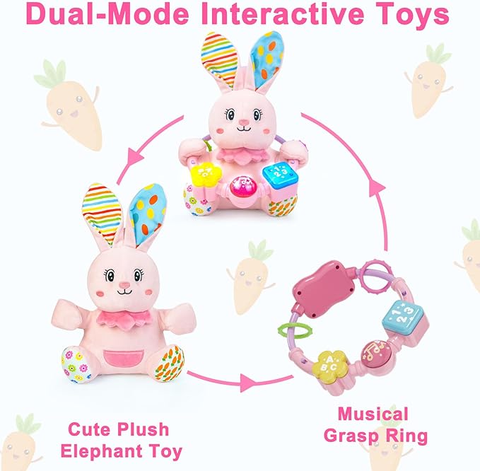 Baby Rabbit Musical Stuffed Animals Toy,Infant Bunny Bilingual Early Learning Education Toy with Light-Up Music & Crinkle,1st Easter Basket Shower Stuffers for 0 1 2 3 6 9 12 18 Month Girl,Pink-CubbioJoy