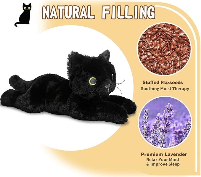 Black Cat Stuffed Animals, Microwavable Stuffed Animal Adorable Fluffy Cat Plush for Warmth & Comfort, Heatable Coolable Lavender Scent Cat Toy, Cute Soft Plushies Cat Gifts for Kids Boy Girls & Adult-CubbioJoy