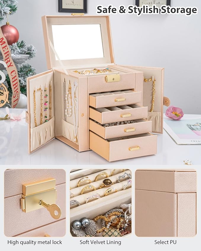 AKOZLIN 5-Tier Jewelry Box Leather Jewelry Storage Organizer with 4 Drawers Lockable for Women Girls Ring Necklace Earring Bracelet Watches Holder with Mirror Champagne-CubbioJoy