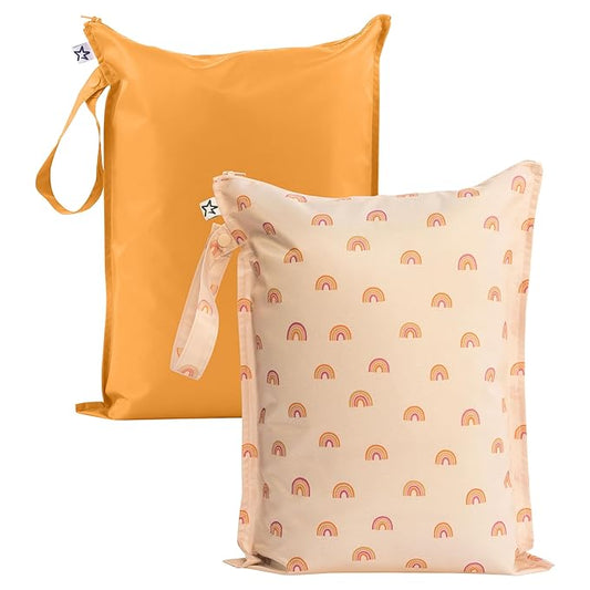 Tiny Twinkle Mess-Proof Waterproof Wet Dry Bag | 2-Pack Reusable Wet Bags for Swimsuits & Baby Clothes | Leakproof Wet Bag for Travel & Diaper Changes for Baby (Boho Rainbow)-CubbioJoy