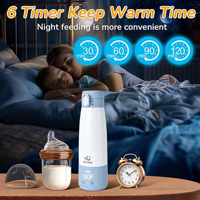 BEBOAN Portable Bottle Warmer for Travel On The Go, Portable Milk Warmer 5-Temp Setting with Lock 12oz Large Capacity, Cordless for Heating Breast Milk Charging with 55w Charger to Get Fast Charging-CubbioJoy