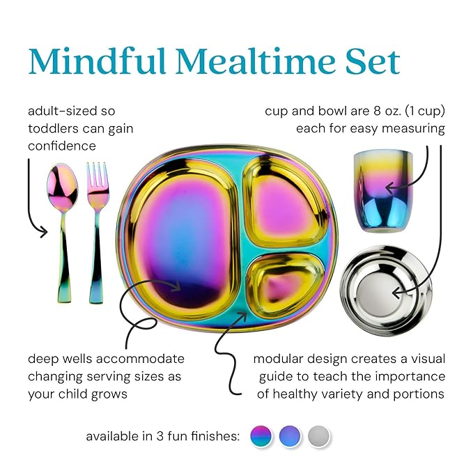 Ahimsa Stainless Steel Kids Dinnerware Set - 5 Piece Stainless Steel Toddler Plates and Bowls Set, Pediatrician Designed, Non Toxic Toddler Plate and Bowl, Kids Utensils and Cup (Rainbow)-CubbioJoy