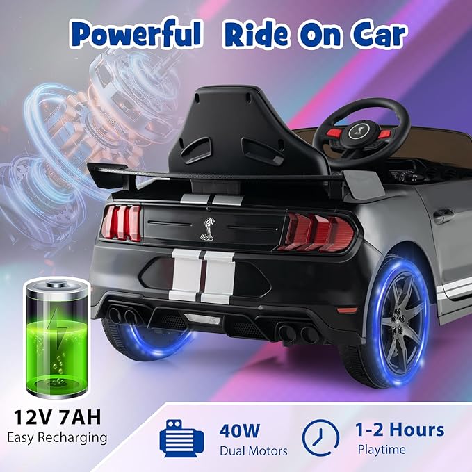Costzon Ride on Car, 12V Licensed Ford Mustang Shelby GT500 Kids' Electric Vehicles w/Remote Control, USB Port, Radio, Music, Player, High Low Speed & Soft Start, Racing Kids Car for Toddler (Black)-CubbioJoy