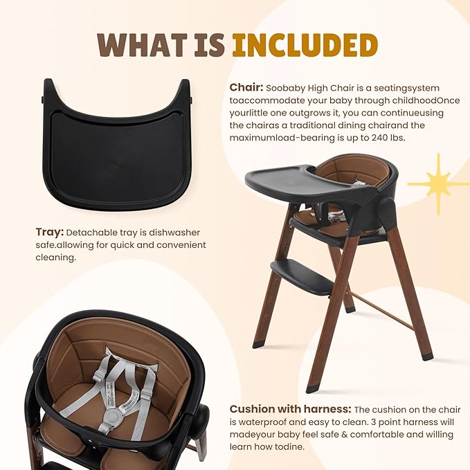 Adjustable High Chair with Removable Tray, Easy to Clean, Portable. 6 Months up to 240 Lb (Black Brown)-CubbioJoy
