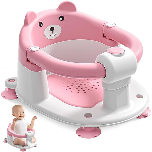 Baby Bath Seat for Babies 6 Months & up, Non-Slip Toddler Bath Seats for Babies Sitting Up, Safe Infant & Newborn Bathtub Chair with 4 Suction Cups & Soft Cushion for Shower,Pink-CubbioJoy