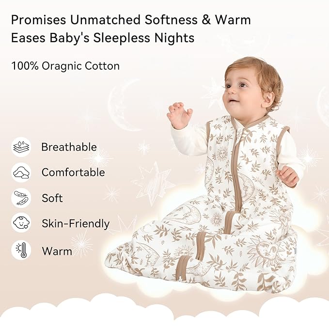 Baby Sleep Sack 18-24 Months 3 Pack 100% Cotton Lightweight 0.5 TOG Wearable Blanket Baby Sleep Bag with 2-Way Zipper for Toddler Beige-CubbioJoy