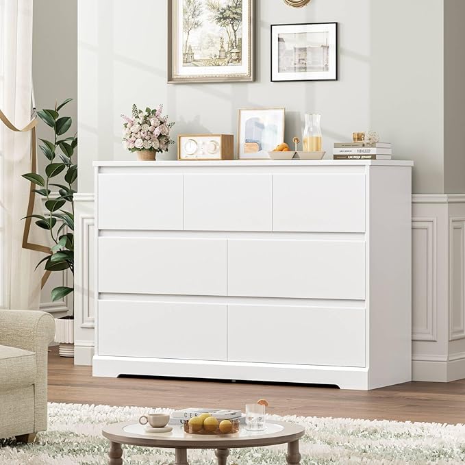 Dresser for Bedroom, Modern White Dresser, Wood Chest of Drawers Nursery Dressers, with Storage, 7 Drawer Double with Handle Free, Large Storage Organizer for Living Room,White-CubbioJoy