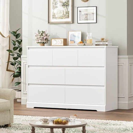 Dresser for Bedroom, Modern White Dresser, Wood Chest of Drawers Nursery Dressers, with Storage, 7 Drawer Double with Handle Free, Large Storage Organizer for Living Room,White-CubbioJoy