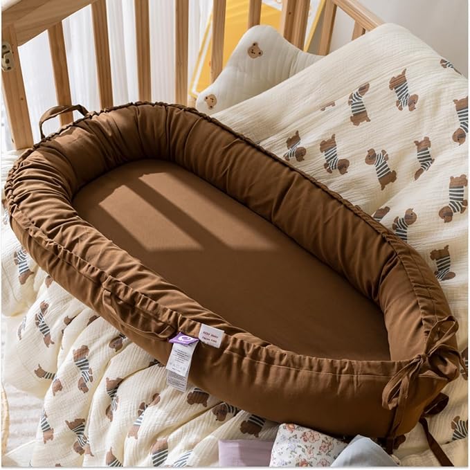 Infant Lounger, Baby Nest Cover for Baby Girls & Boys, Newborn Essentials for Baby 0-18+ Months, 100% Cotton Breathable (Brown, Cotton)-CubbioJoy