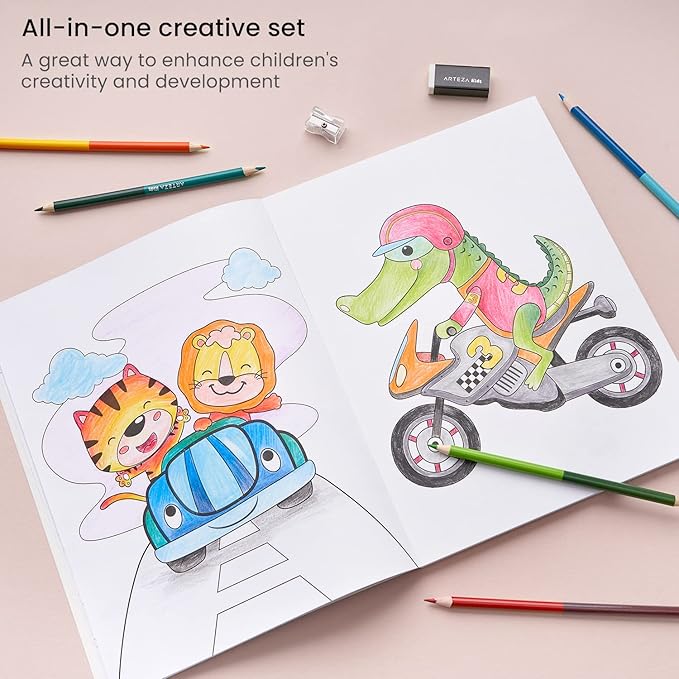 ARTEZA Kids Coloring Book and Colored Pencils Set, Transportation Illustrations, 50 Double-Sided Sheets, 100lb Paper-CubbioJoy