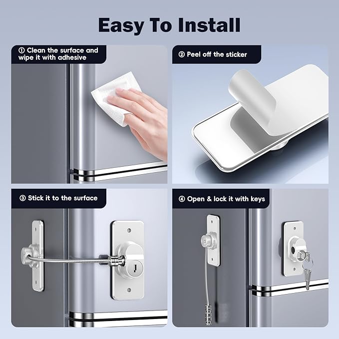 2 Pack Refrigerator Door Lock with Adhesive, No Tools Required, Child Proof Fridge Door Lock for Kids and Pets, Self Adhesive Latch for Freezer, Cabinets, Drawers, Air Oven, Windows (Patent)-CubbioJoy
