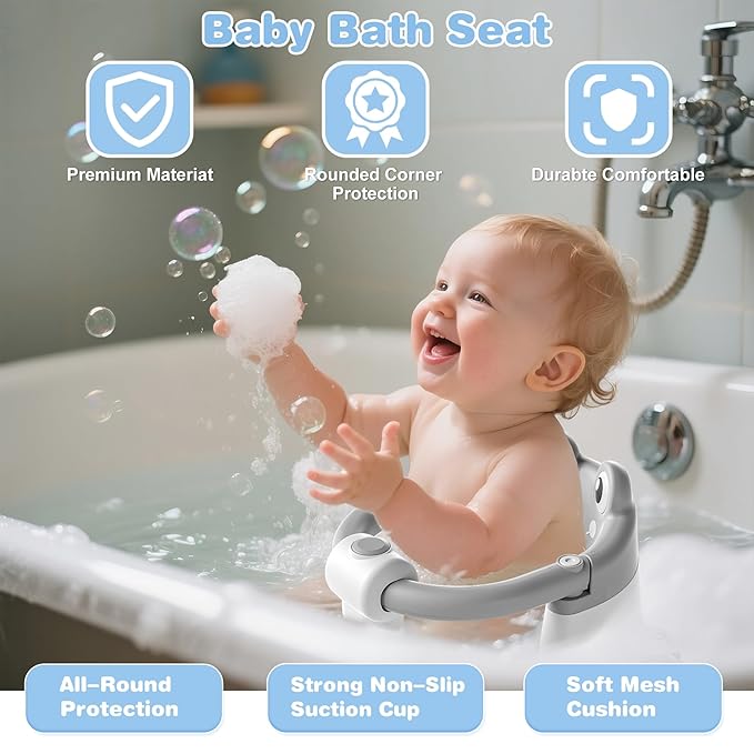Baby Bath Seat for Babies 6 Months & up Non-Slip Toddler Bath Seats for Sitting Up Infant Bathtub Chair with Suction Cups and Soft Cushion for Baby Shower Tub Seat-CubbioJoy